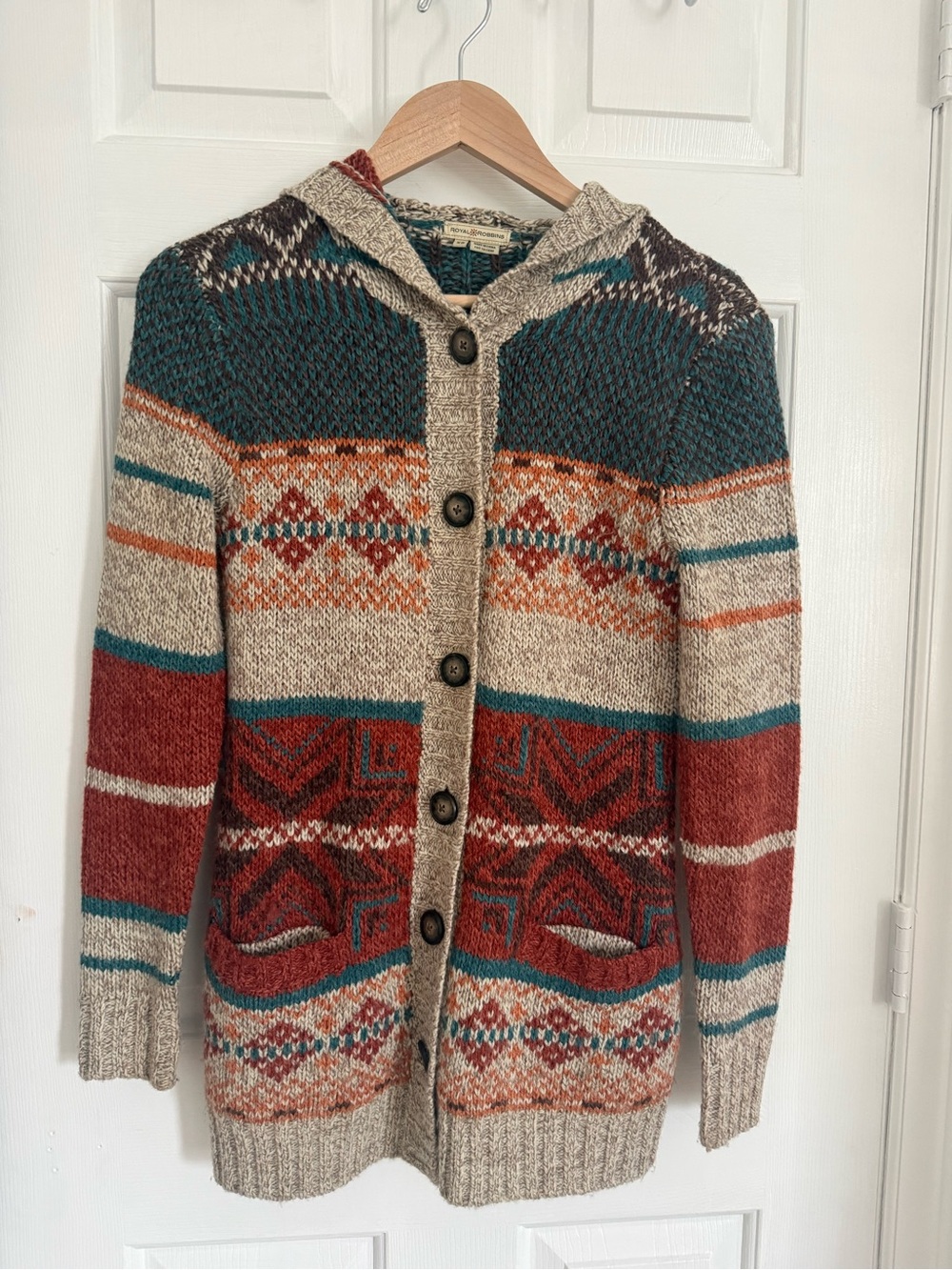 Royal Robbins Hooded Fair Isle Cardigan - Cream, Teal & Rust